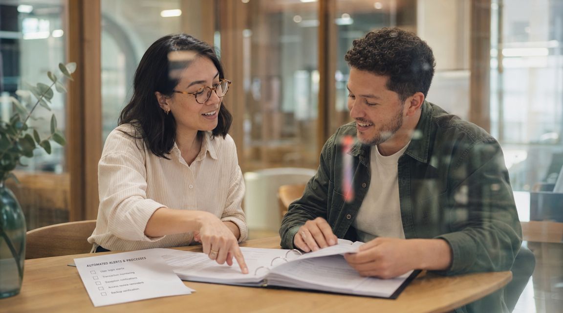 A woman and man reviewing business documents and automated processes at an office conference table.