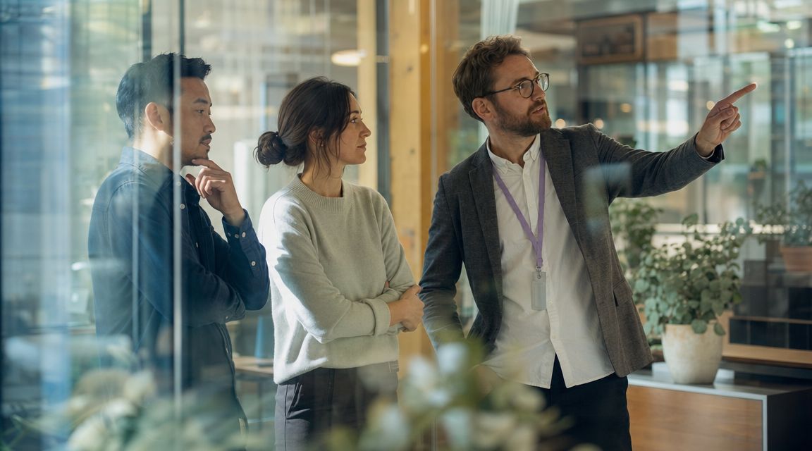 A diverse group of professional colleagues collaborating and discussing ideas inside a modern office space.