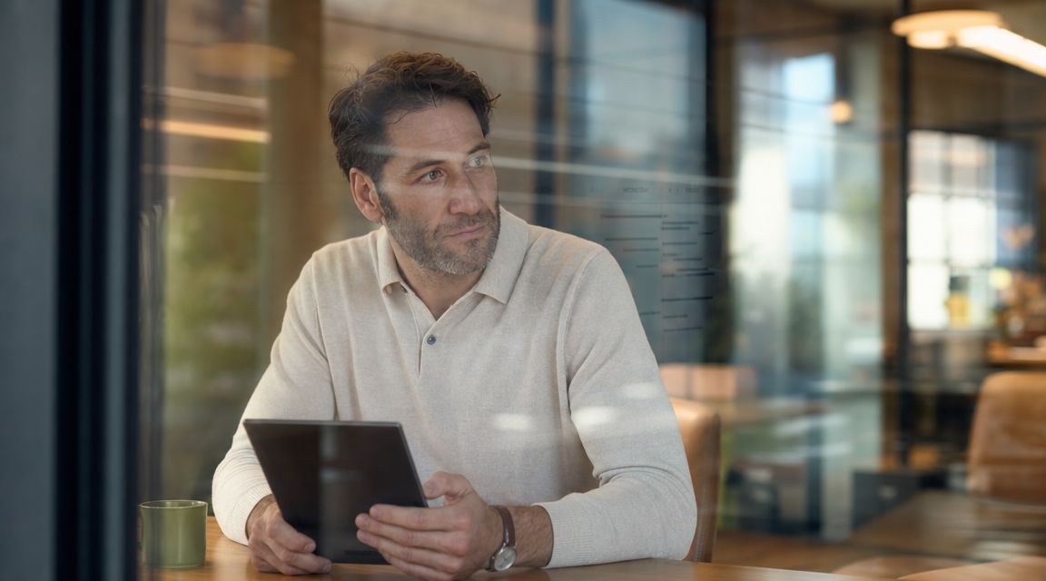 A professional man looking thoughtfully through a glass wall while holding a digital tablet in an office
