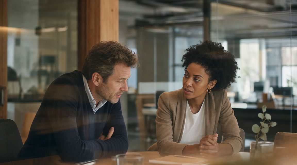 A professional man and woman having a focused discussion during a business meeting in an office.