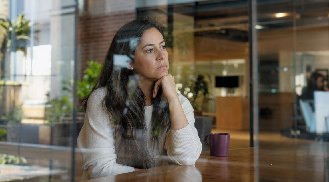 A pensive woman resting her chin on her hand while sitting in a modern office space.