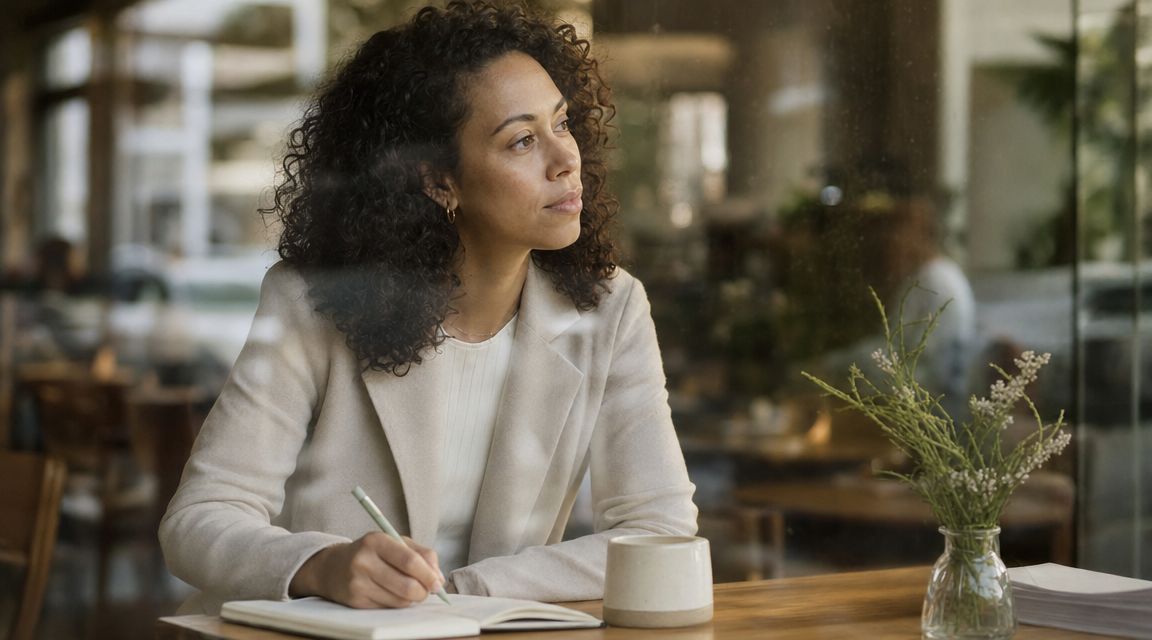 A professional woman with curly hair writes in a notebook while sitting in a cafe.