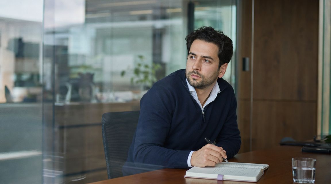 A professional man with a beard sits at a wooden desk, writing in a notebook in an office.