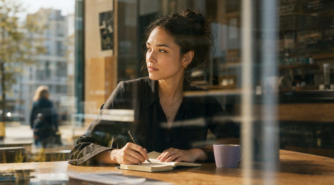 A thoughtful woman writing in a notebook while sitting at a wooden table in a cafe.