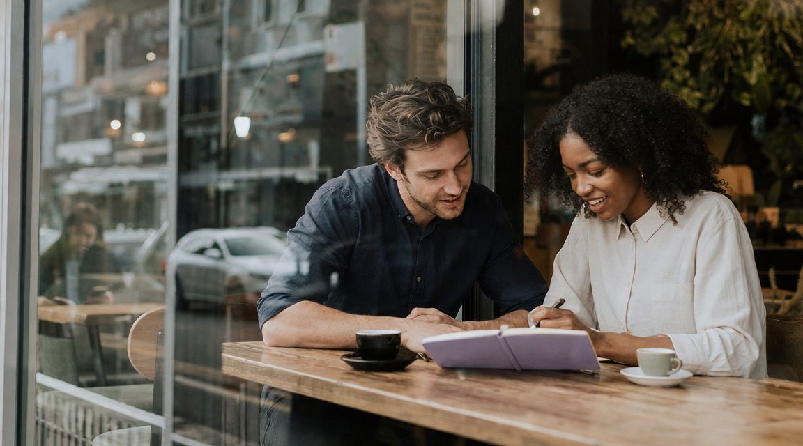 A man and woman sitting at a cafe table writing in a notebook while drinking coffee together.