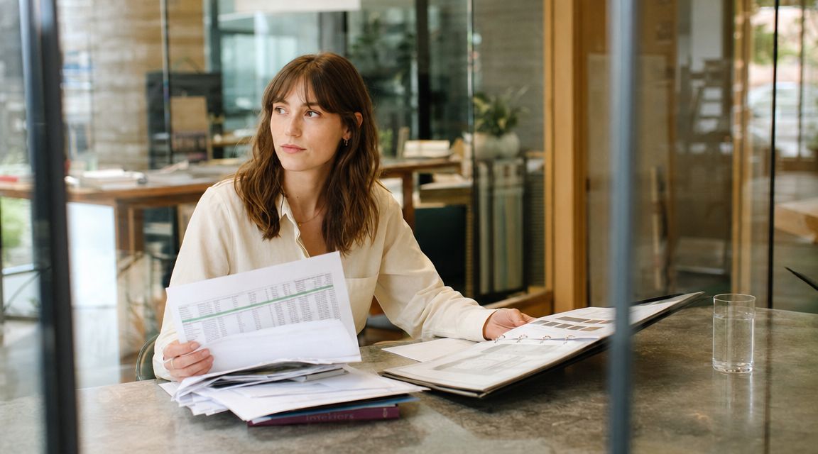 A professional woman reviews financial documents and a project binder in a modern office space.