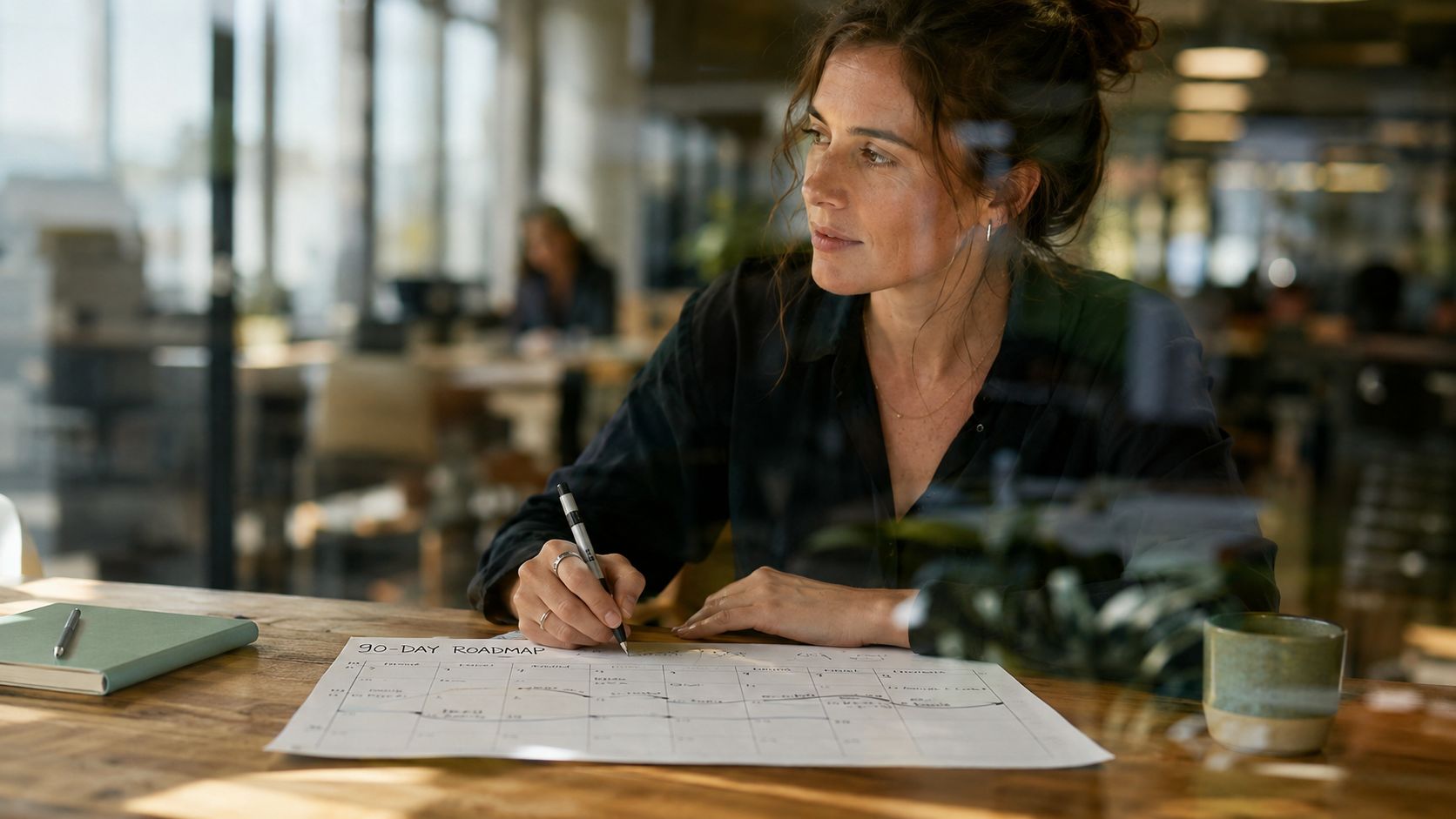 A focused woman writing on a 90-day roadmap document at her desk in a modern office.
