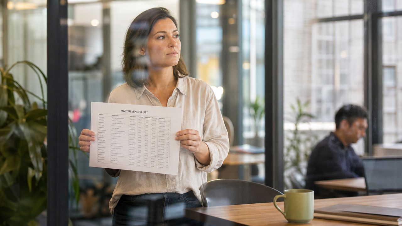 A professional woman in an office holds up a Master Vendor List document for review.