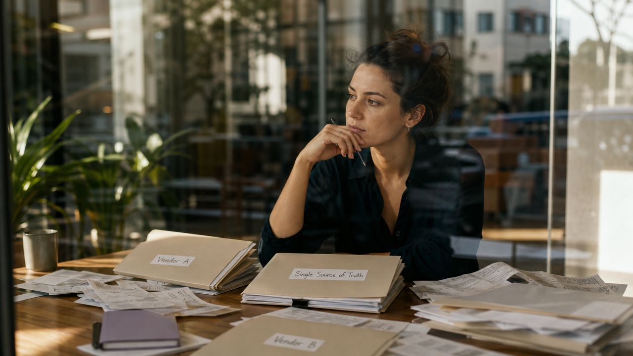 A professional woman sits at a desk with organized files labeled Vendor A, Vendor B, and Single Source of Truth.