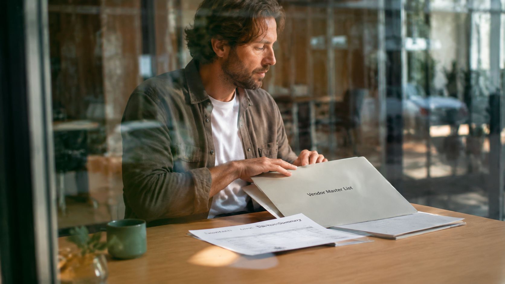 A professional man sitting at a desk reviewing a document labeled Vendor Master List in an office.
