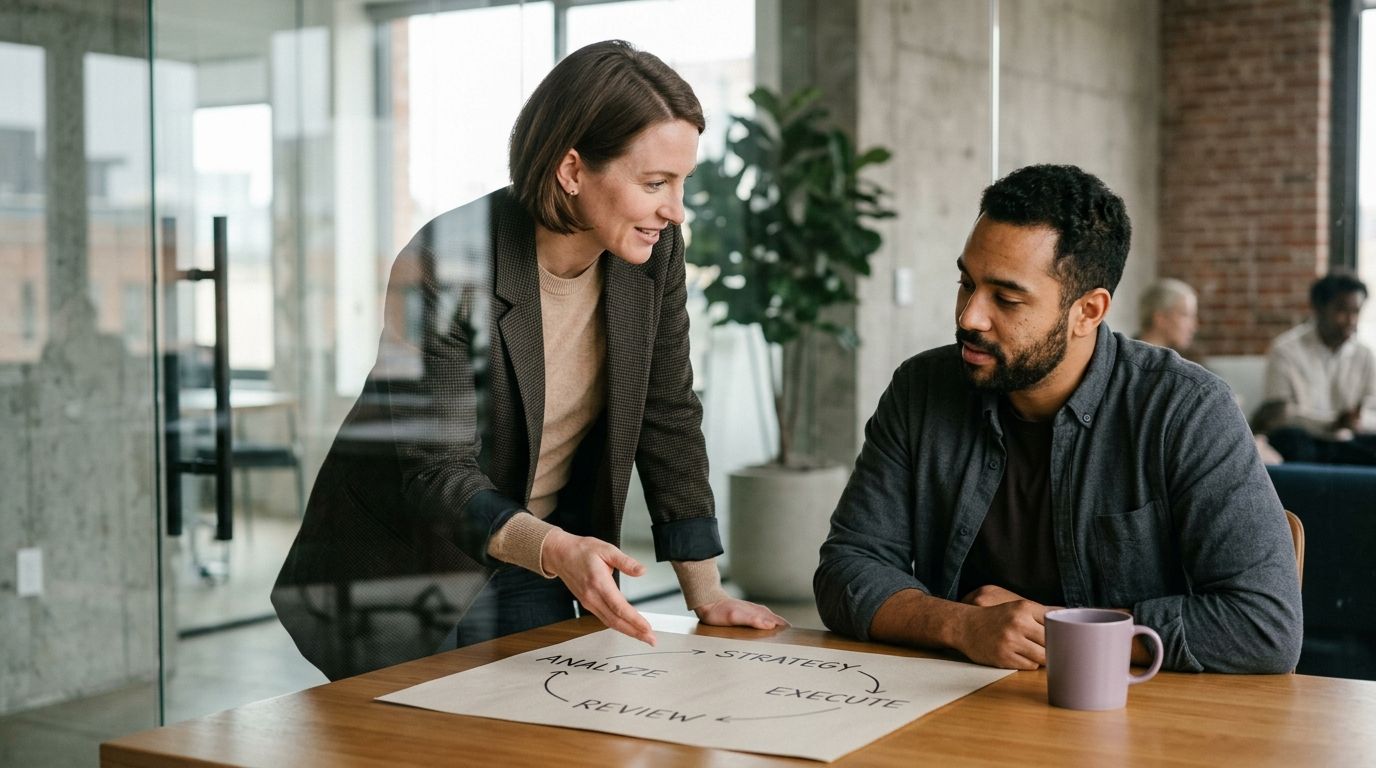 A businesswoman and her colleague discussing a strategic planning document during a professional office meeting.