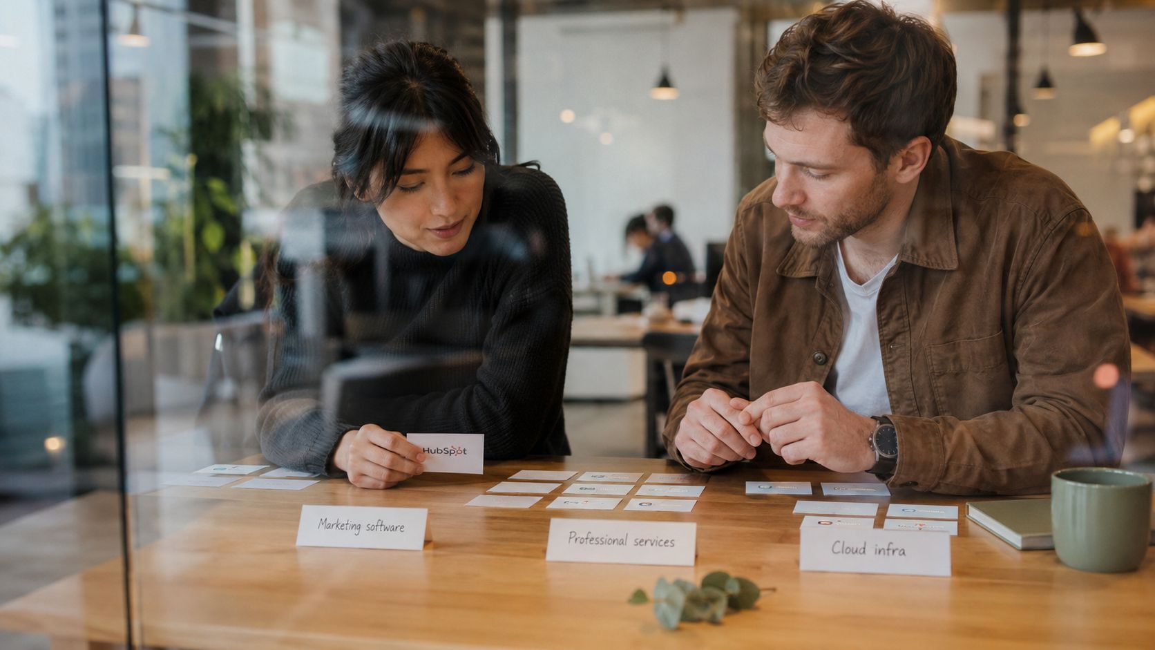 A woman and man collaborate on a categorization task, sorting branded business cards on a wooden table.
