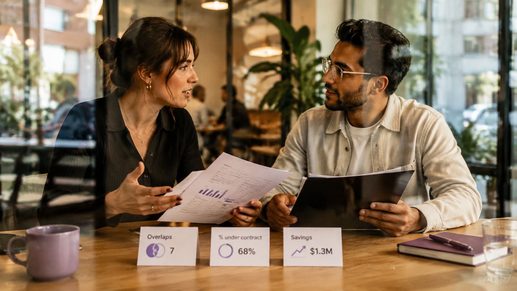 A man and a woman sitting at a desk discussing business documents with performance data cards visible.