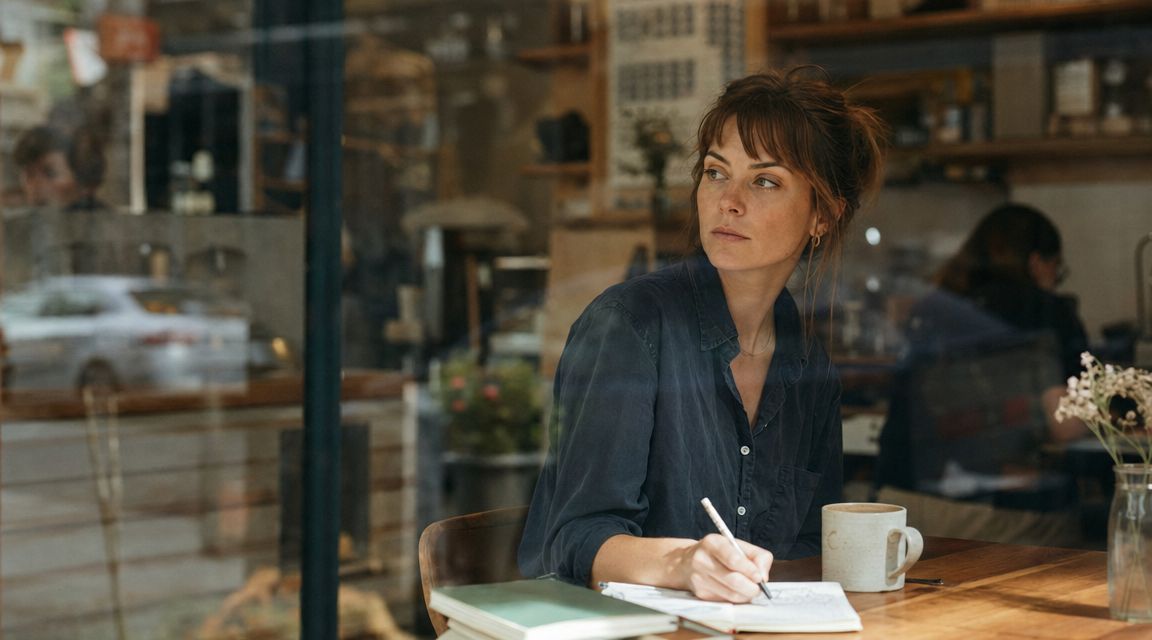 A woman sits at a cafe table, sketching in a notebook while looking thoughtfully out the window.