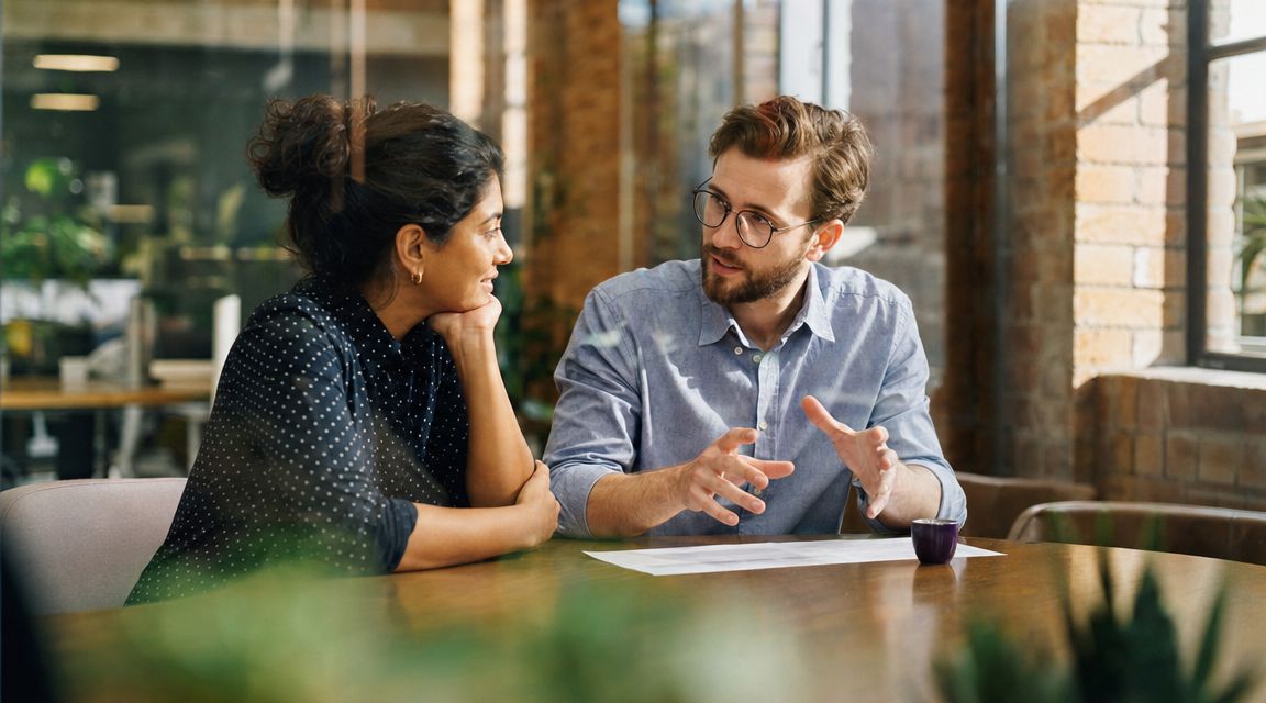 A professional woman and man having a collaborative business discussion while sitting at a wooden table.