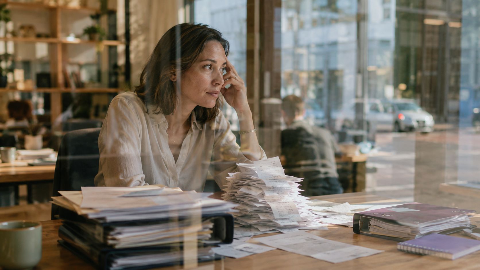 A woman looks thoughtful while sitting at a desk cluttered with many receipts and financial documents.