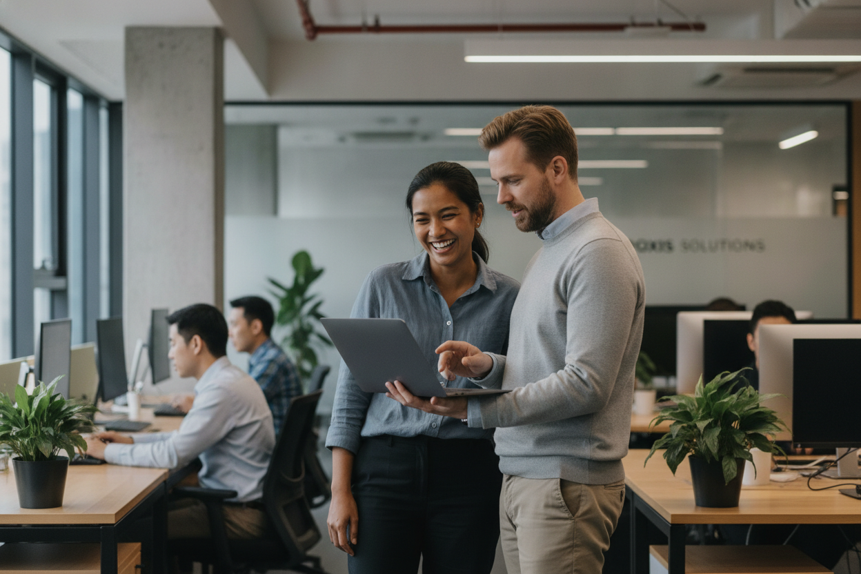 Colleagues discussing vendor onboarding in an open-plan office