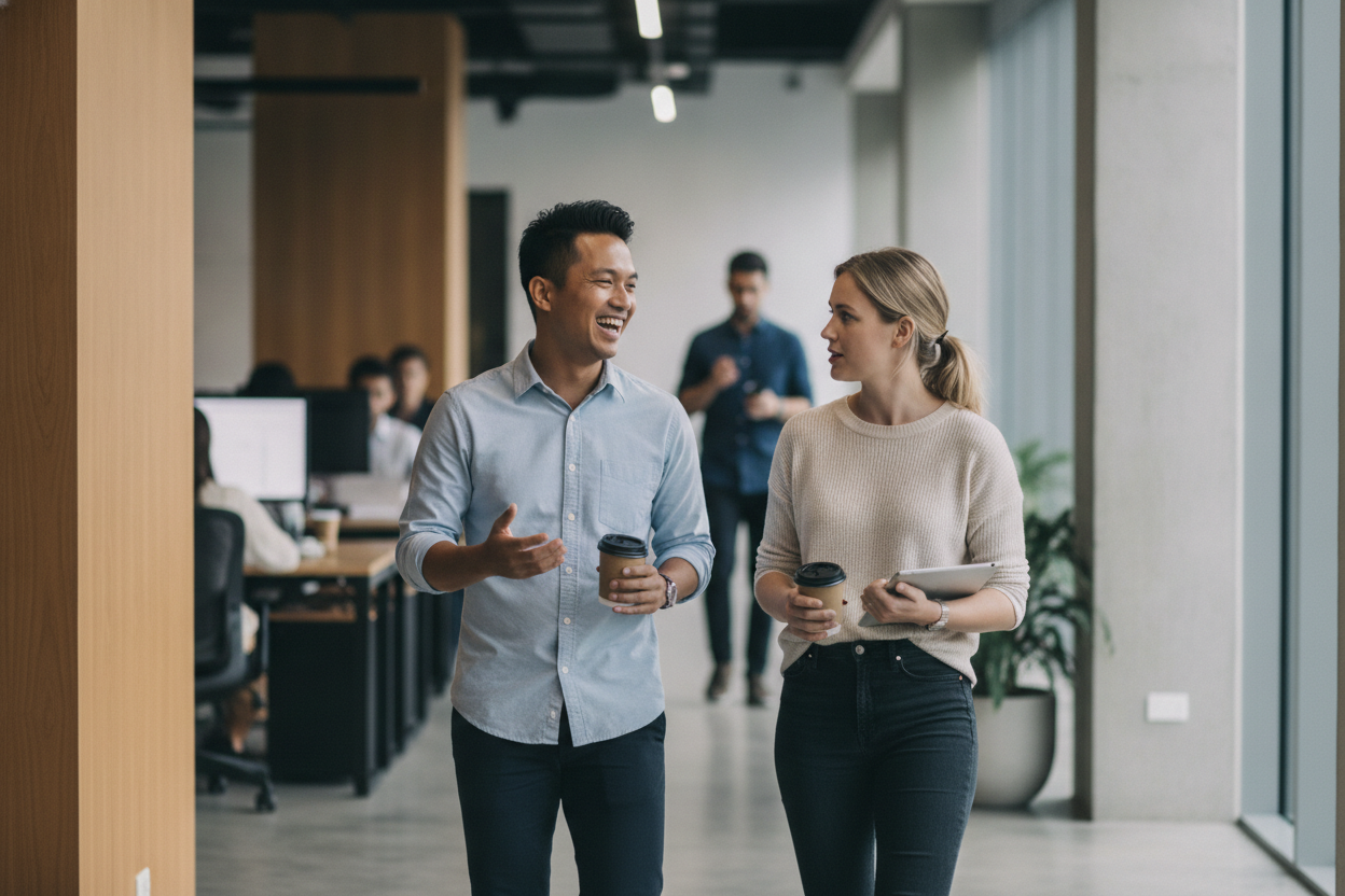Two professionals managing contractor relationships in an office workspace
