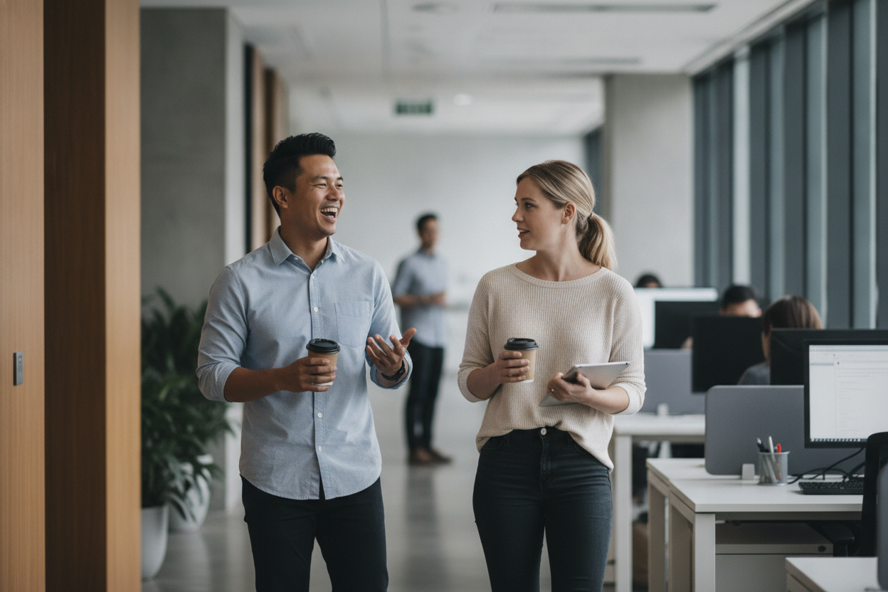 Business owner and ops lead discussing vendor spend in a modern office