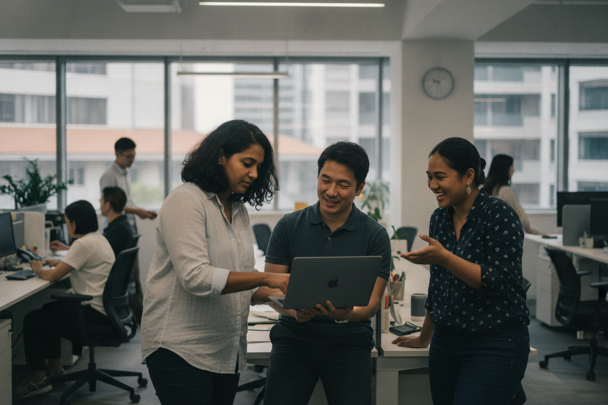 Finance and ops leads collaborating on SaaS spend review in an open-plan office