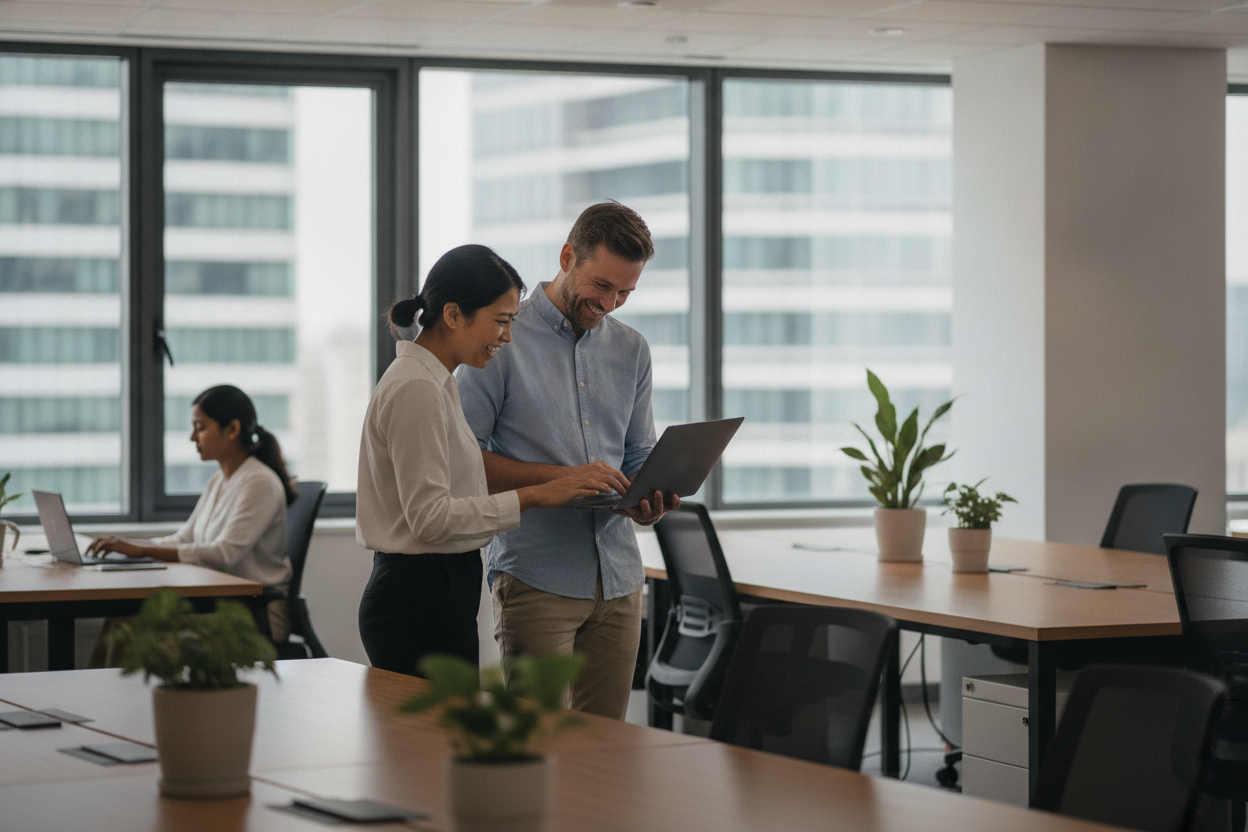 Team comparing SaaS management tools on laptops in a bright office