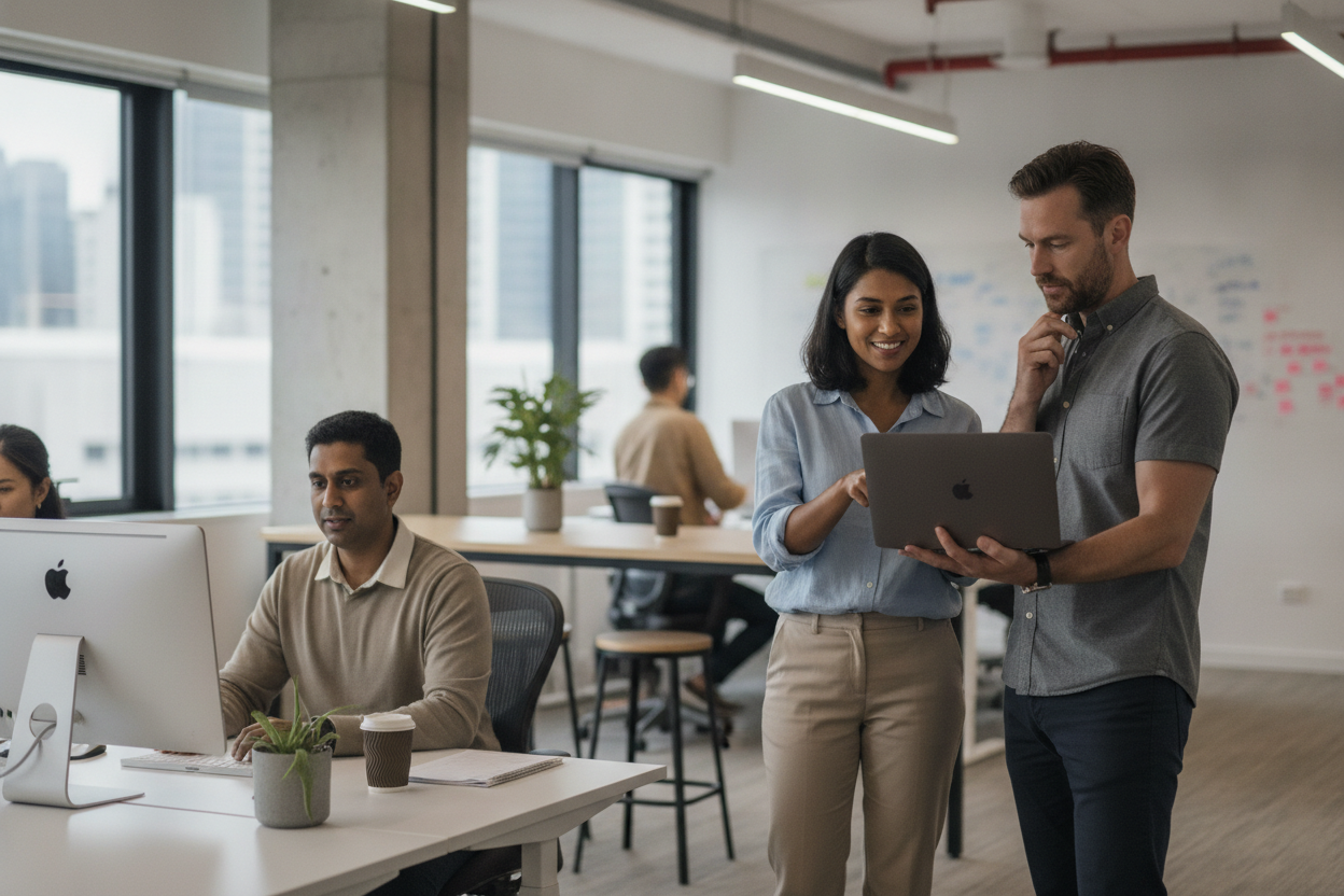 Professional reviewing AI-driven spend analytics on a laptop in an office setting