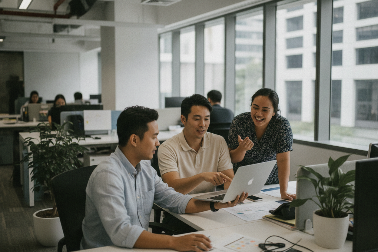 Finance professional focused on SaaS spend management tool at a shared desk