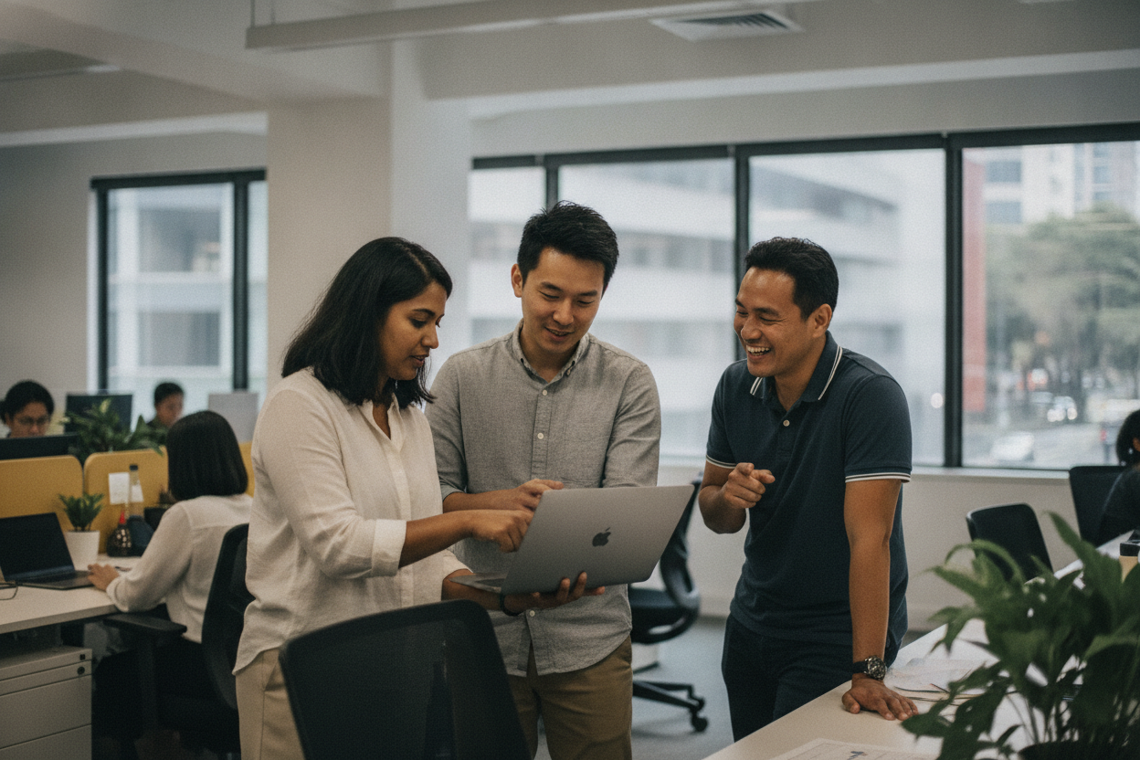 Two professionals discussing contract administration at a shared desk in an office