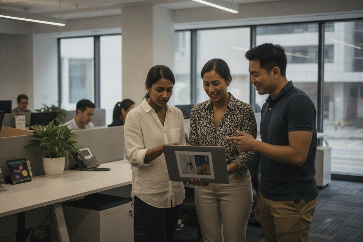 Operations lead reviewing software and asset management on a desktop in an open-plan office