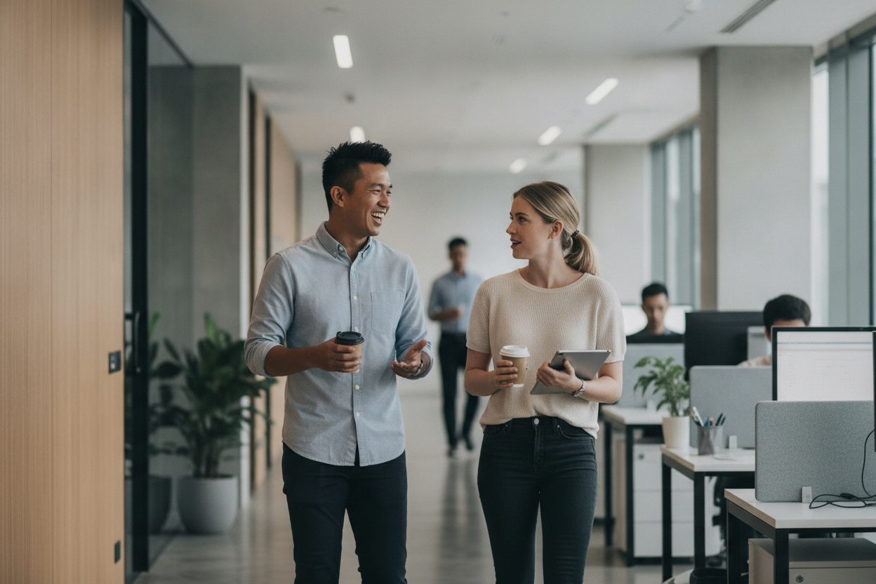 Two colleagues negotiating a vendor contract in a relaxed office meeting area