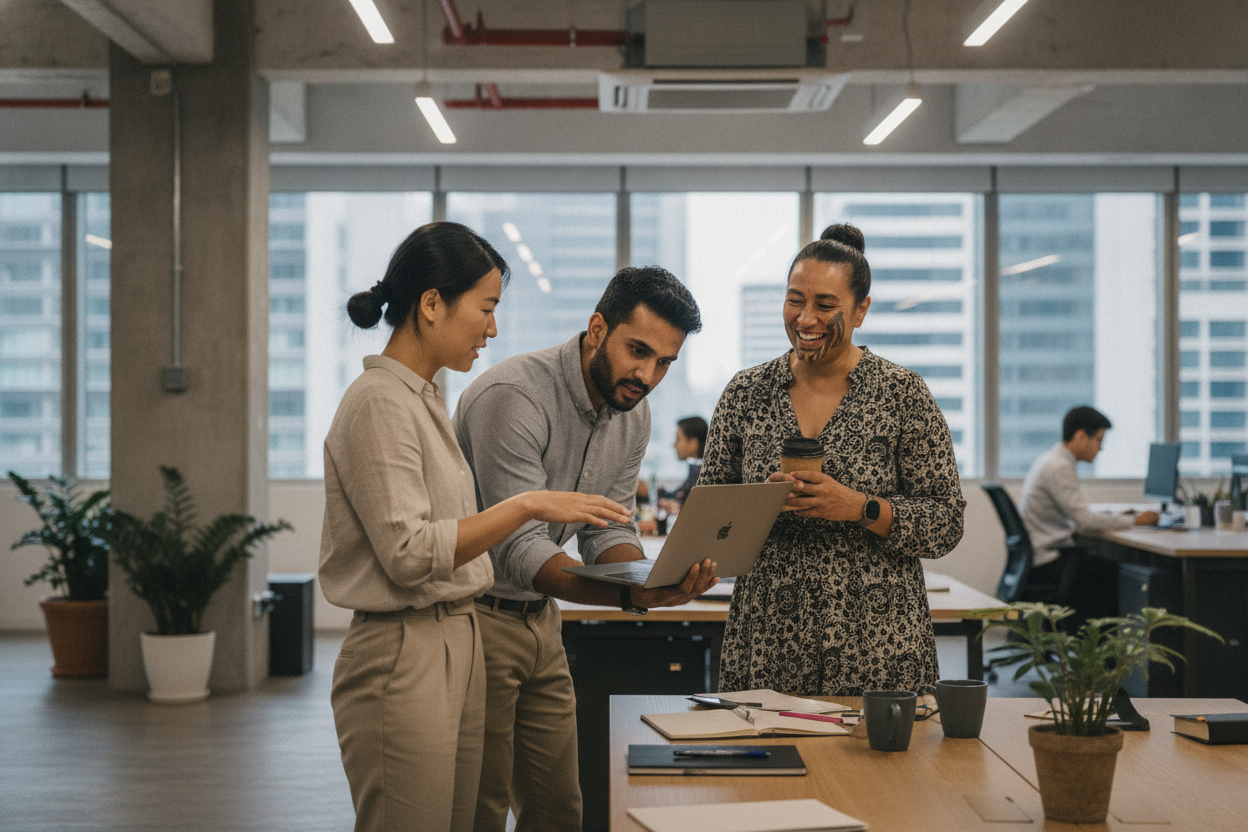 Finance lead assessing security risks and vendor compliance in an open-plan office