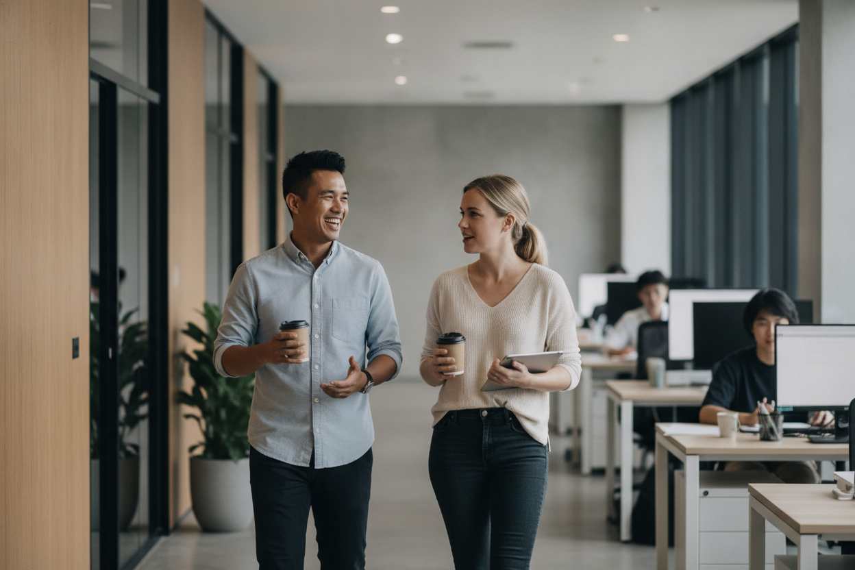 Two professionals reviewing vendor spend analysis reports in an open office