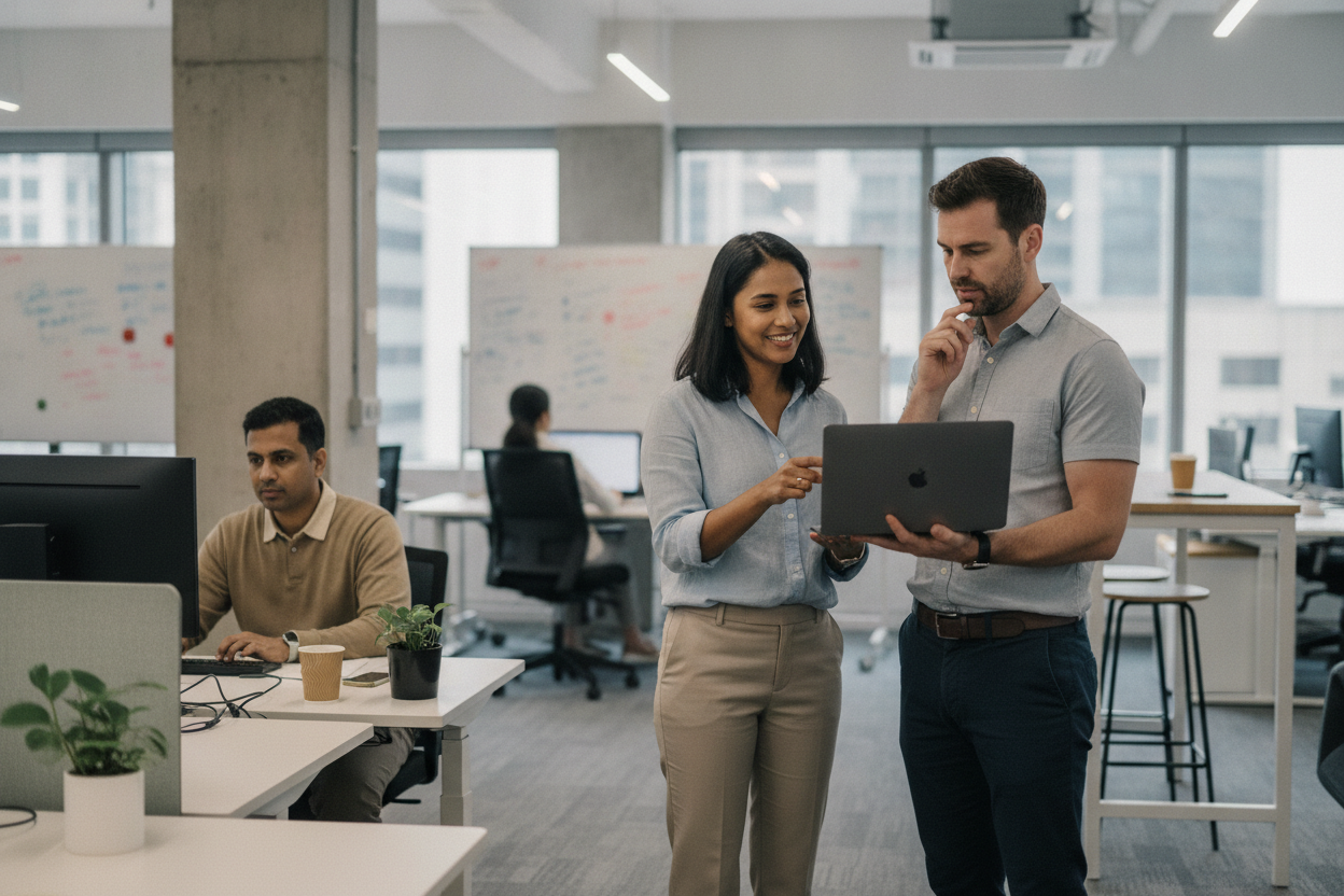 Two colleagues reviewing software licensing documentation in a bright office space