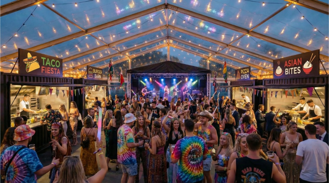 Festival indoor event - multiple boxkitchen streetfood units serving high footfall