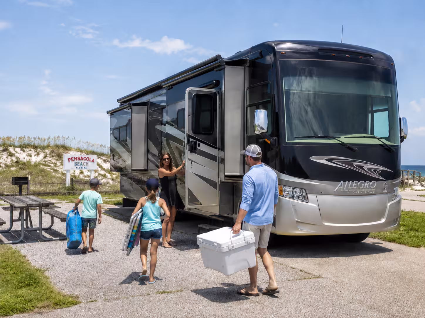 Large RV parked at a Pensacola Beach RV site