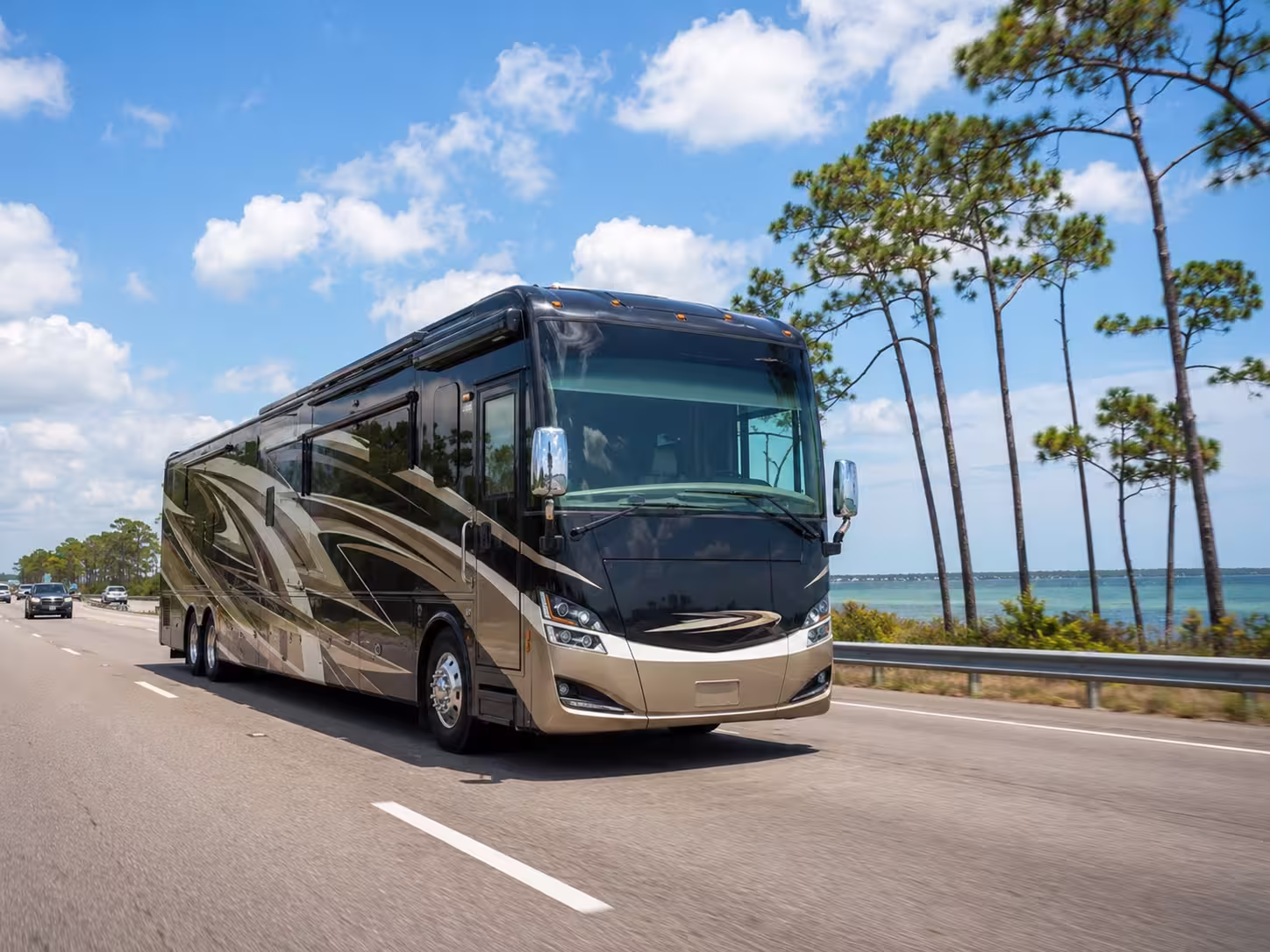 Large RV driving I-10 near Pensacola