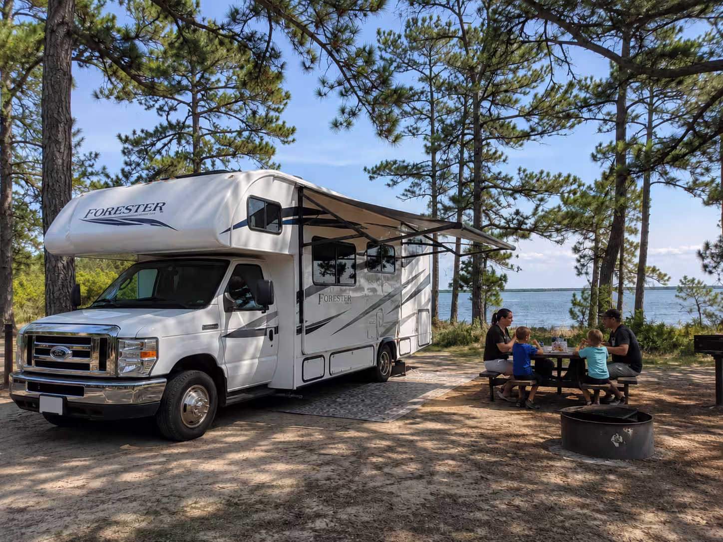 Class C motorhome at a Pensacola state park campsite