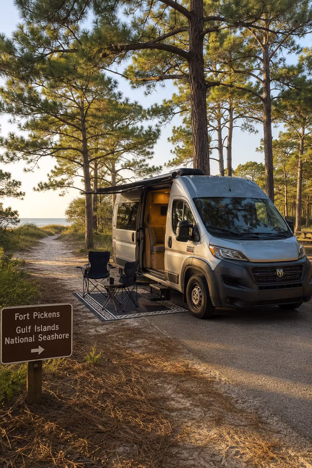 Class B van at a Fort Pickens campsite near Pensacola