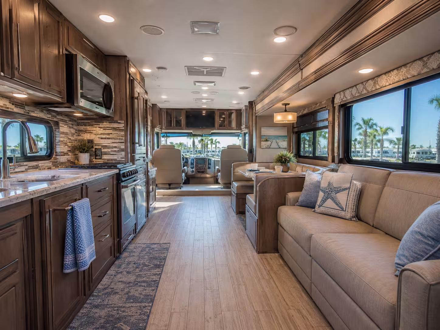 Class A motorhome interior kitchen and living space