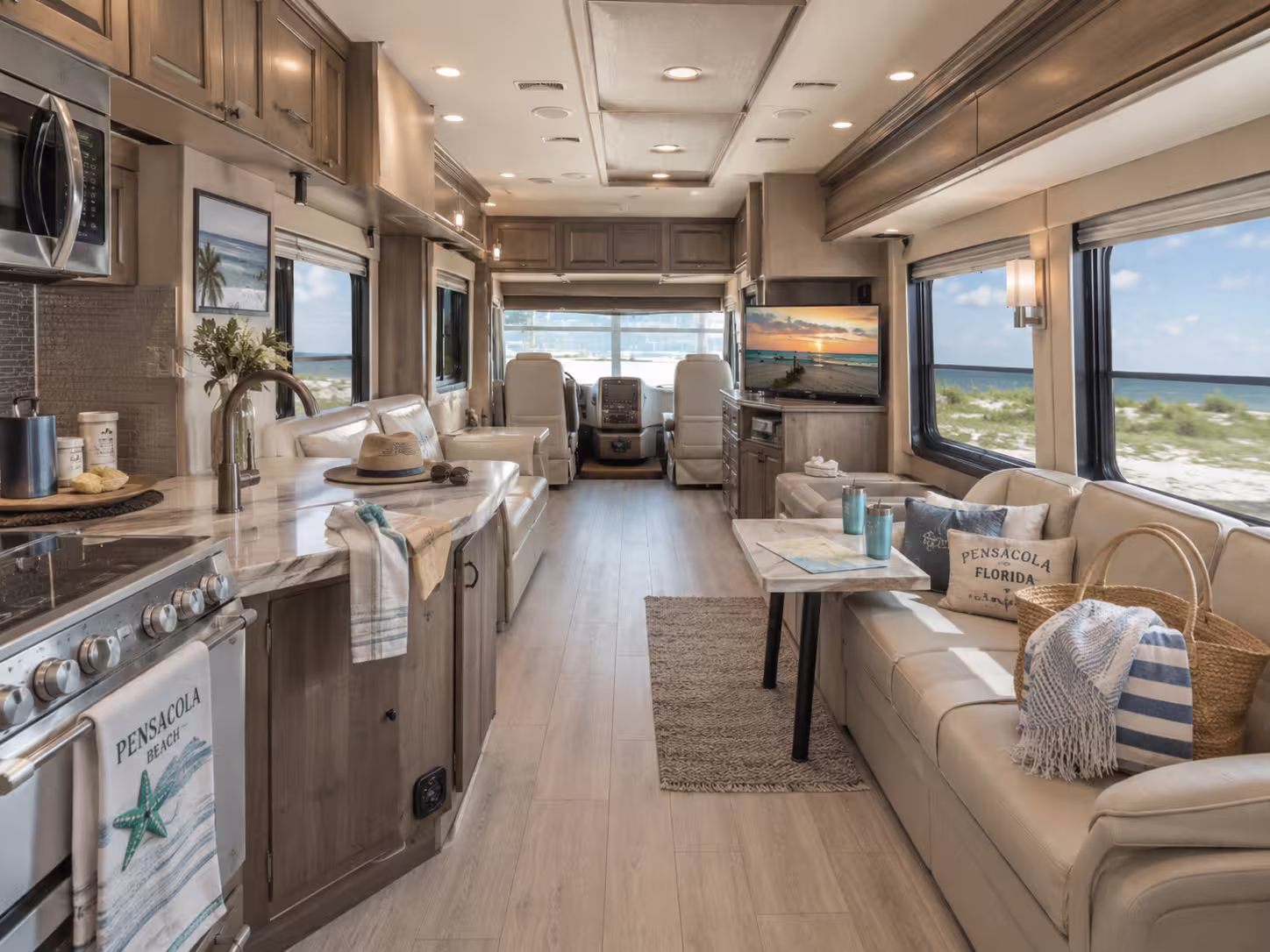 Luxury RV interior living space and kitchen