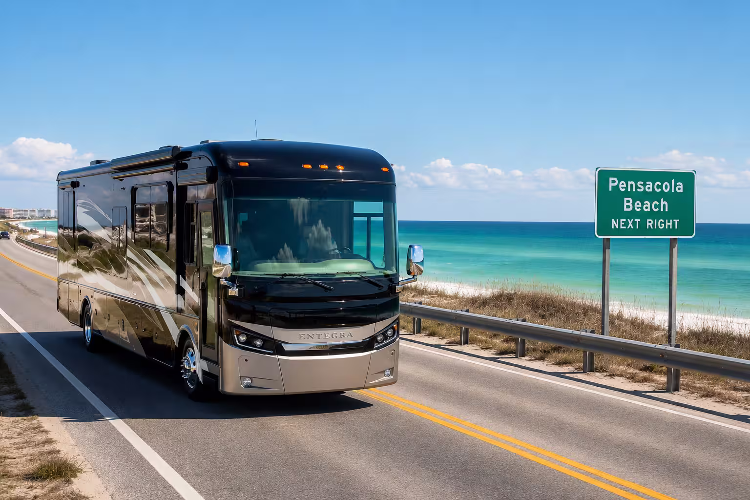 Luxury motorhome on a coastal road near Pensacola