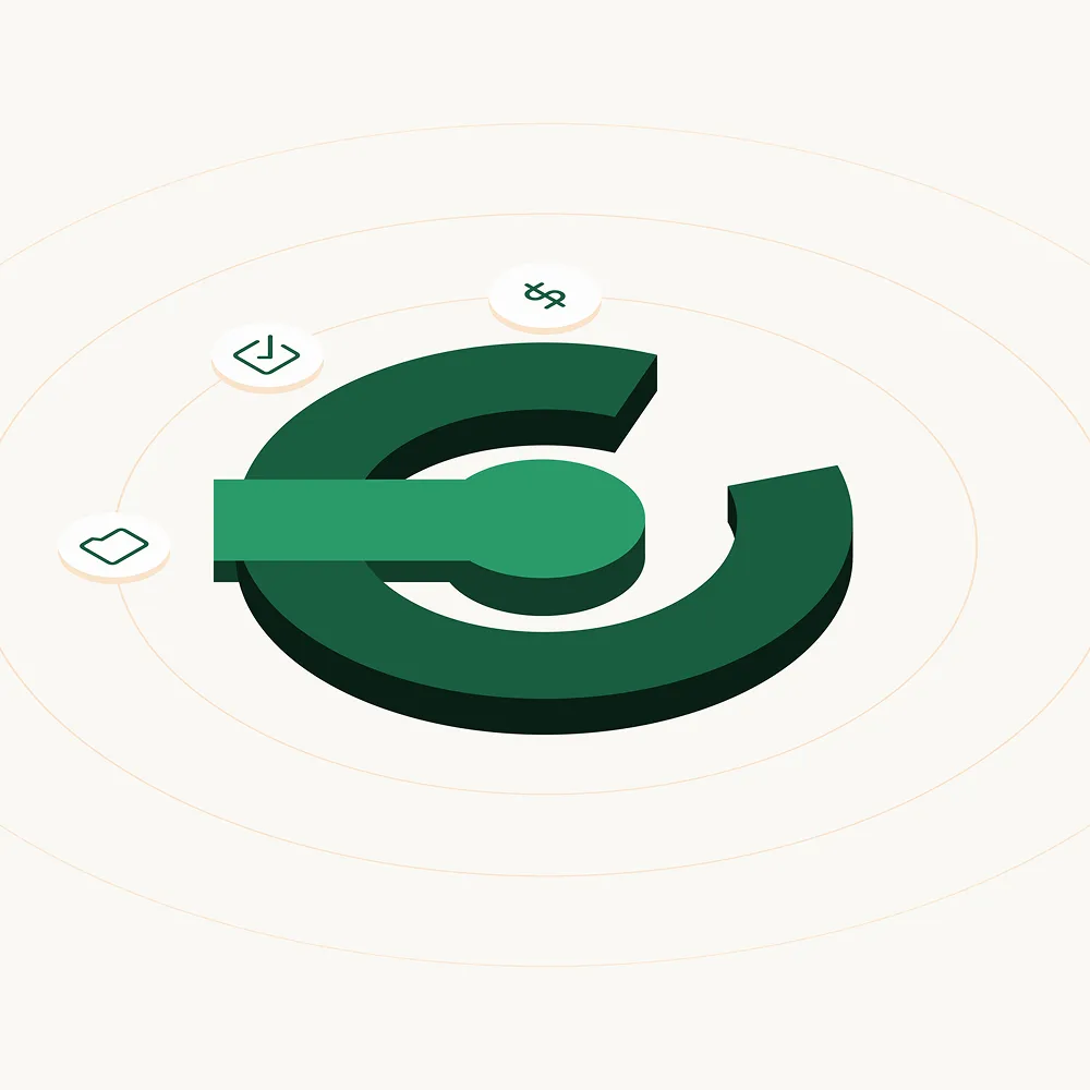3D circular chart with a dollar sign, download, and folder icons around it.