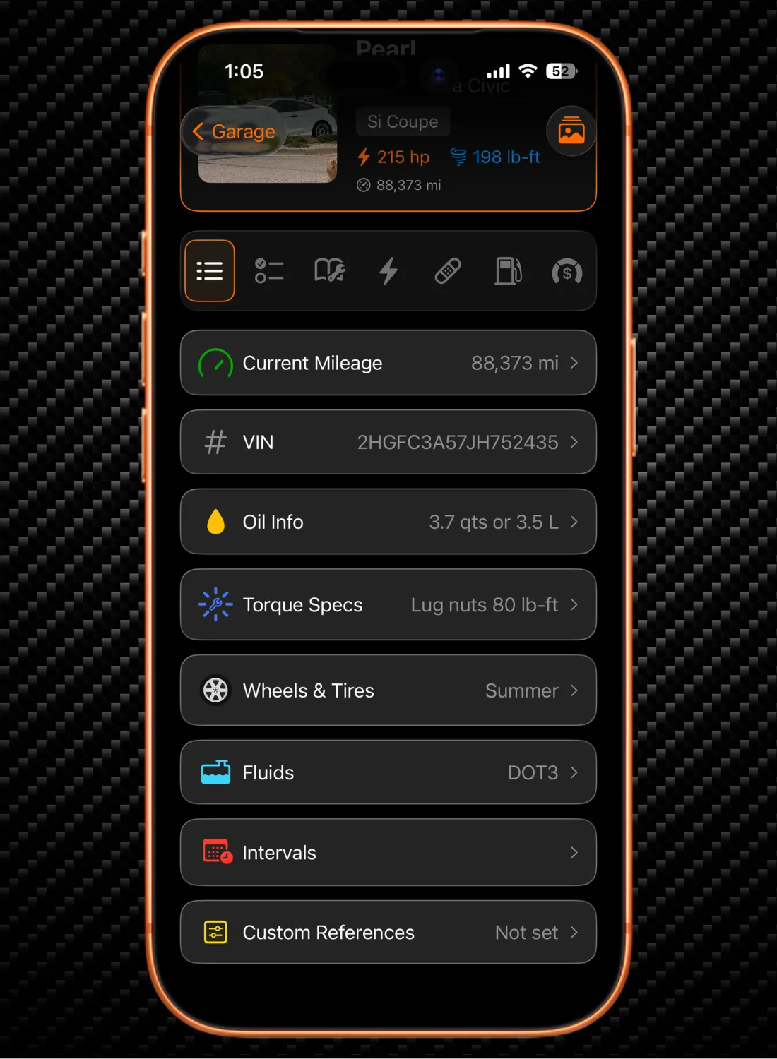 Smartphone showing car info app with mileage, VIN, oil, torque specs, wheels, fluids, intervals, and references.