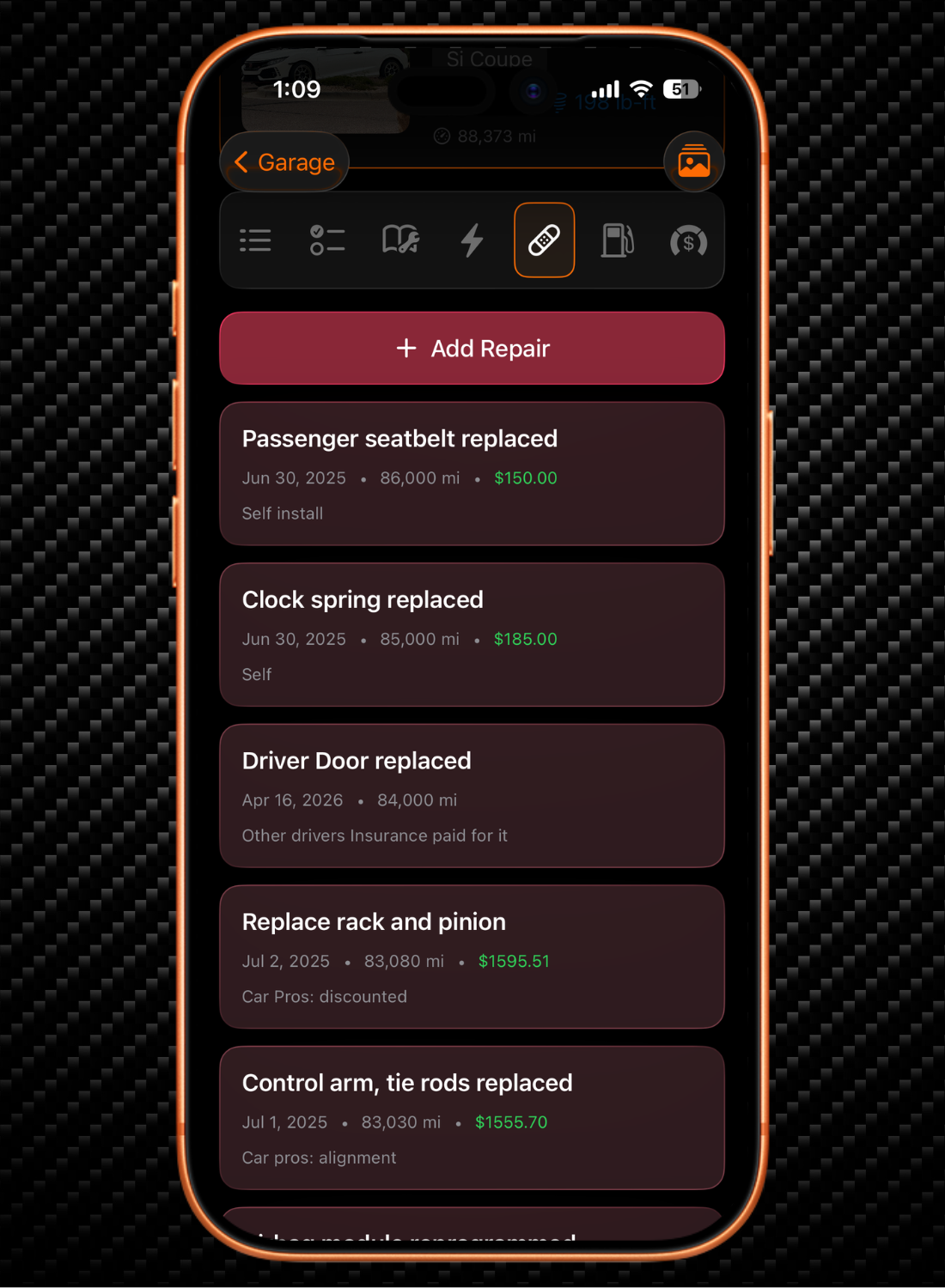 Smartphone screen showing a car repair log with dates, mileage, repair descriptions, and costs.