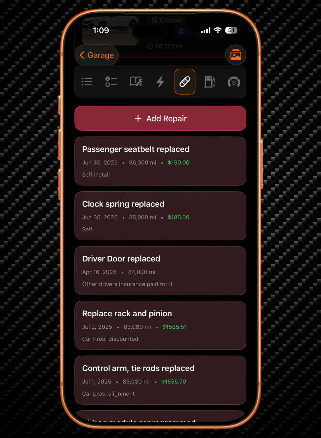 Smartphone screen showing a car repair log with dates, mileage, repair descriptions, and costs.