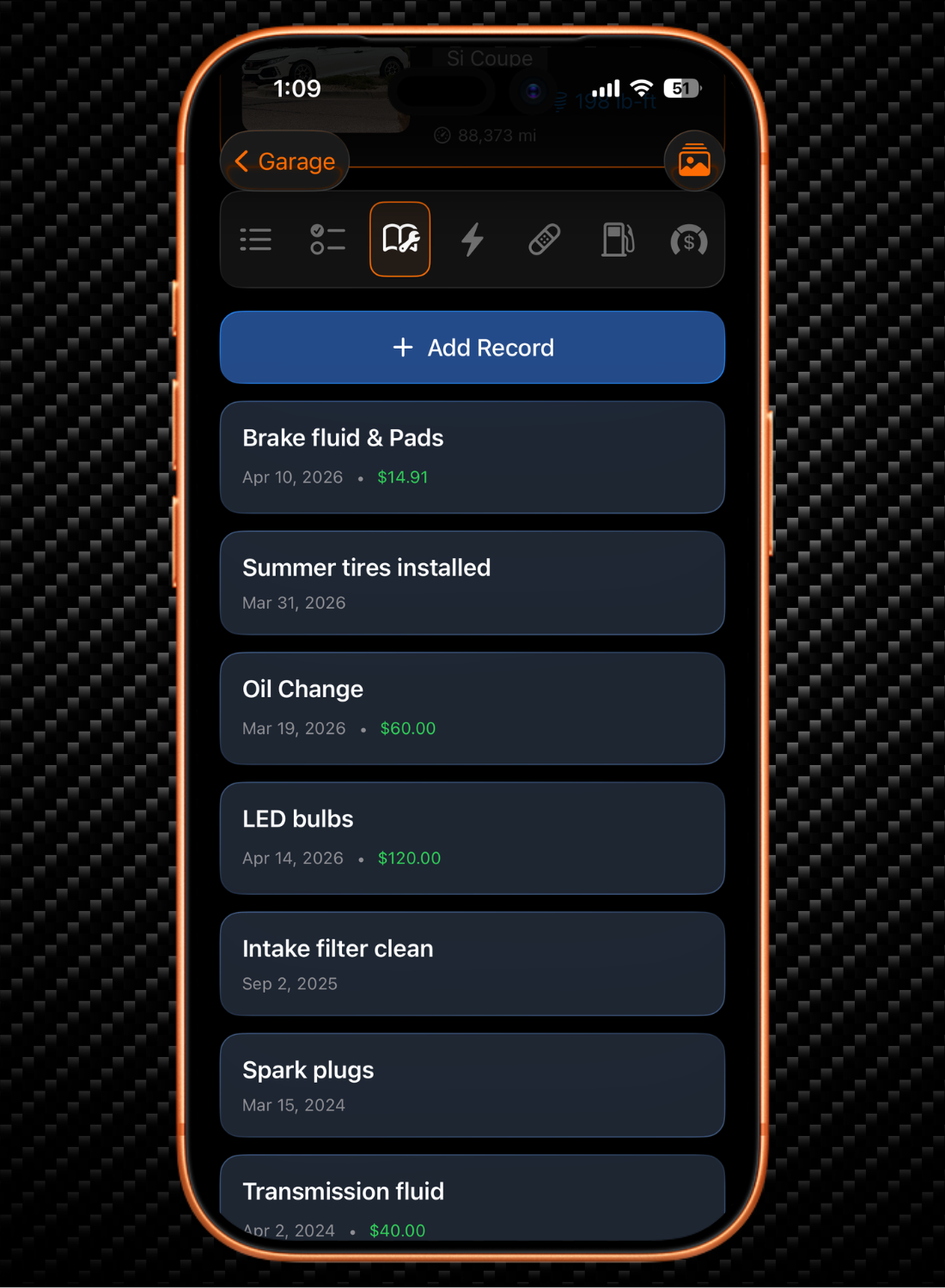 Smartphone screen showing car maintenance records with dates, costs, and add record button.