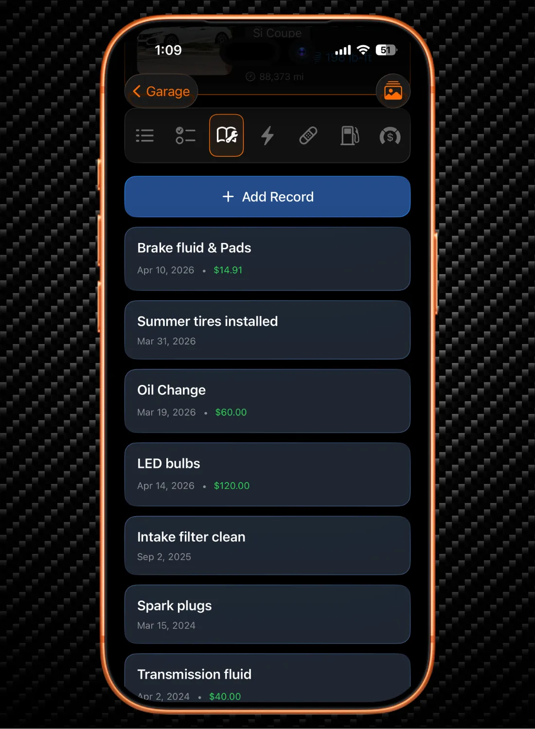 Smartphone screen showing car maintenance records with dates, costs, and add record button.