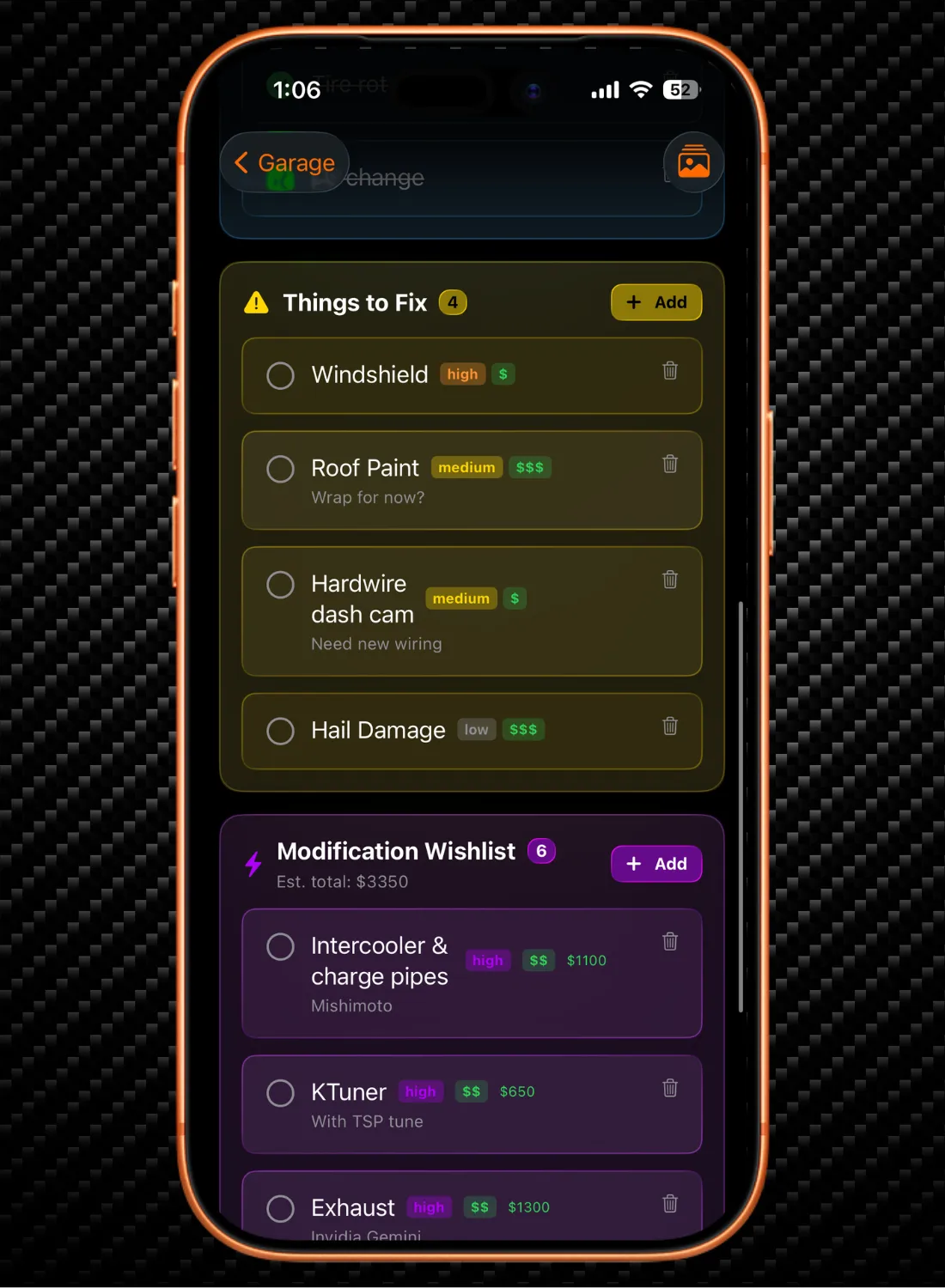 Smartphone showing a car maintenance app with sections Things to Fix and Modification Wishlist with tasks listed.