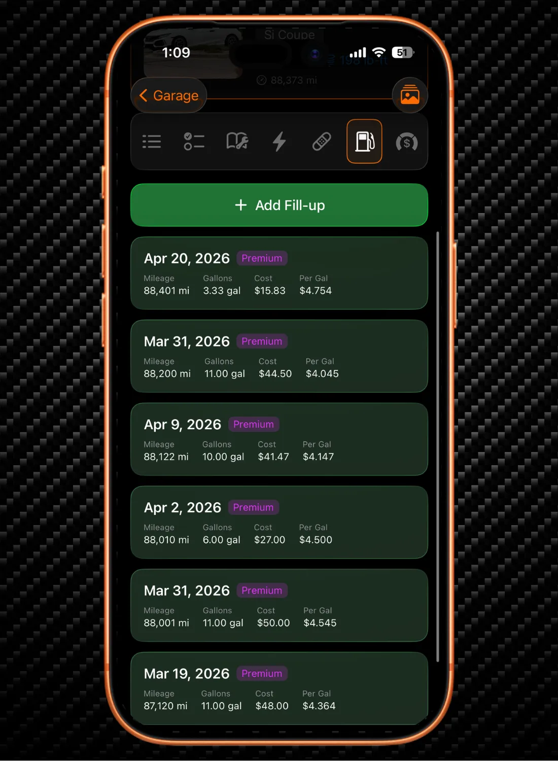 Smartphone screen shows car fuel fill-up records with dates, mileage, gallons, cost, and price per gallon.
