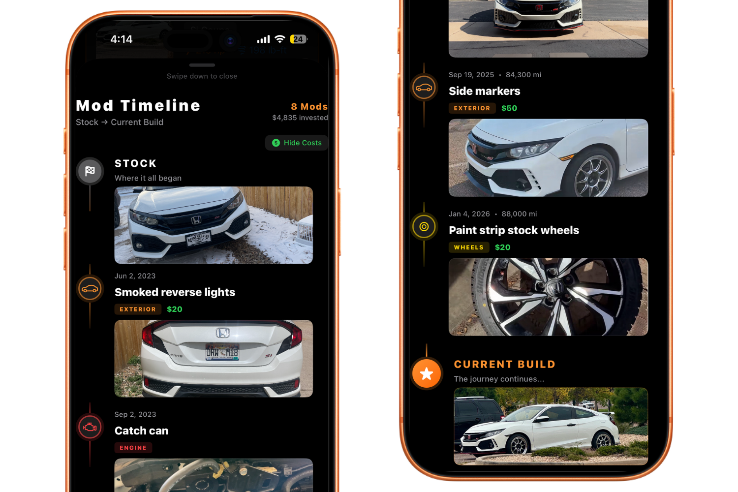 Mobile app mod timeline showing white Honda Civic with exterior and engine upgrades and costs.